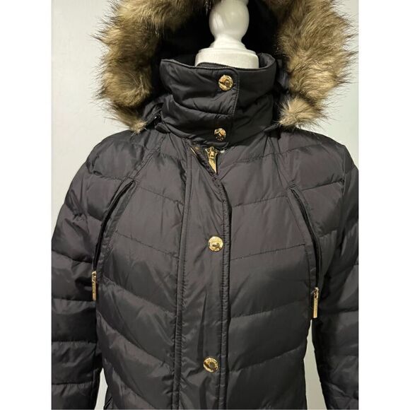 Michael Michael Kors black Down puffer foux fur trim Hooded winter coat Ps - Picture 4 of 16